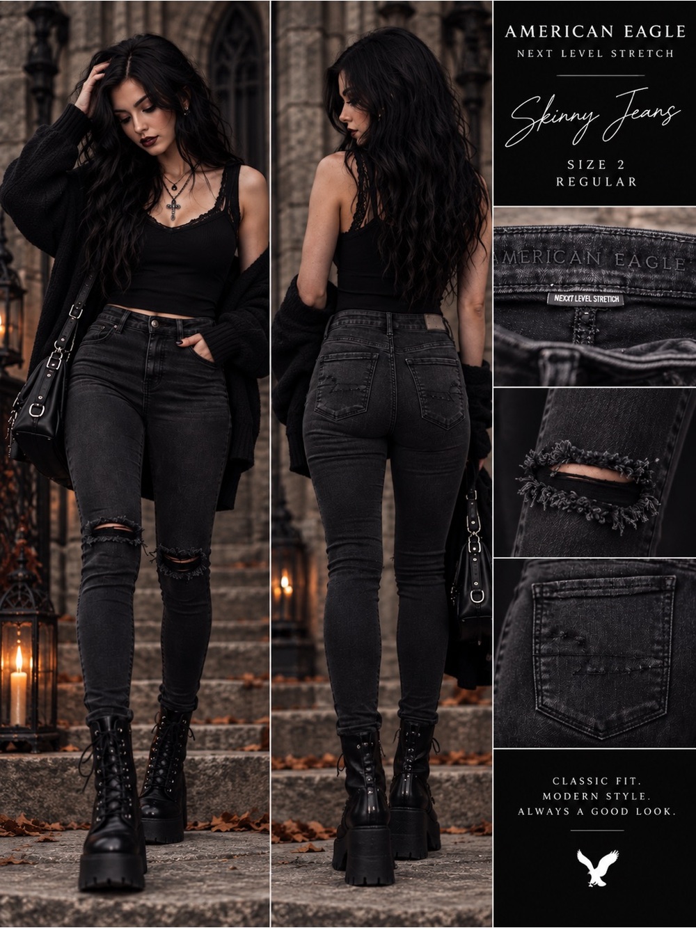 AE 🖤| Next Level Stretch | Black | Skinny Jeans | Distressed Knees | 2 Regular